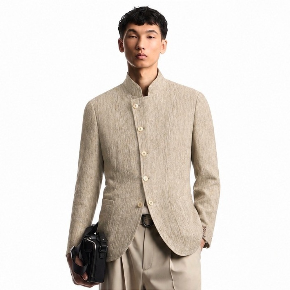 Giorgio Emporio Armani Relax Fit Linen Guru Collar Jacket Men 50 M/L Beige Italy
